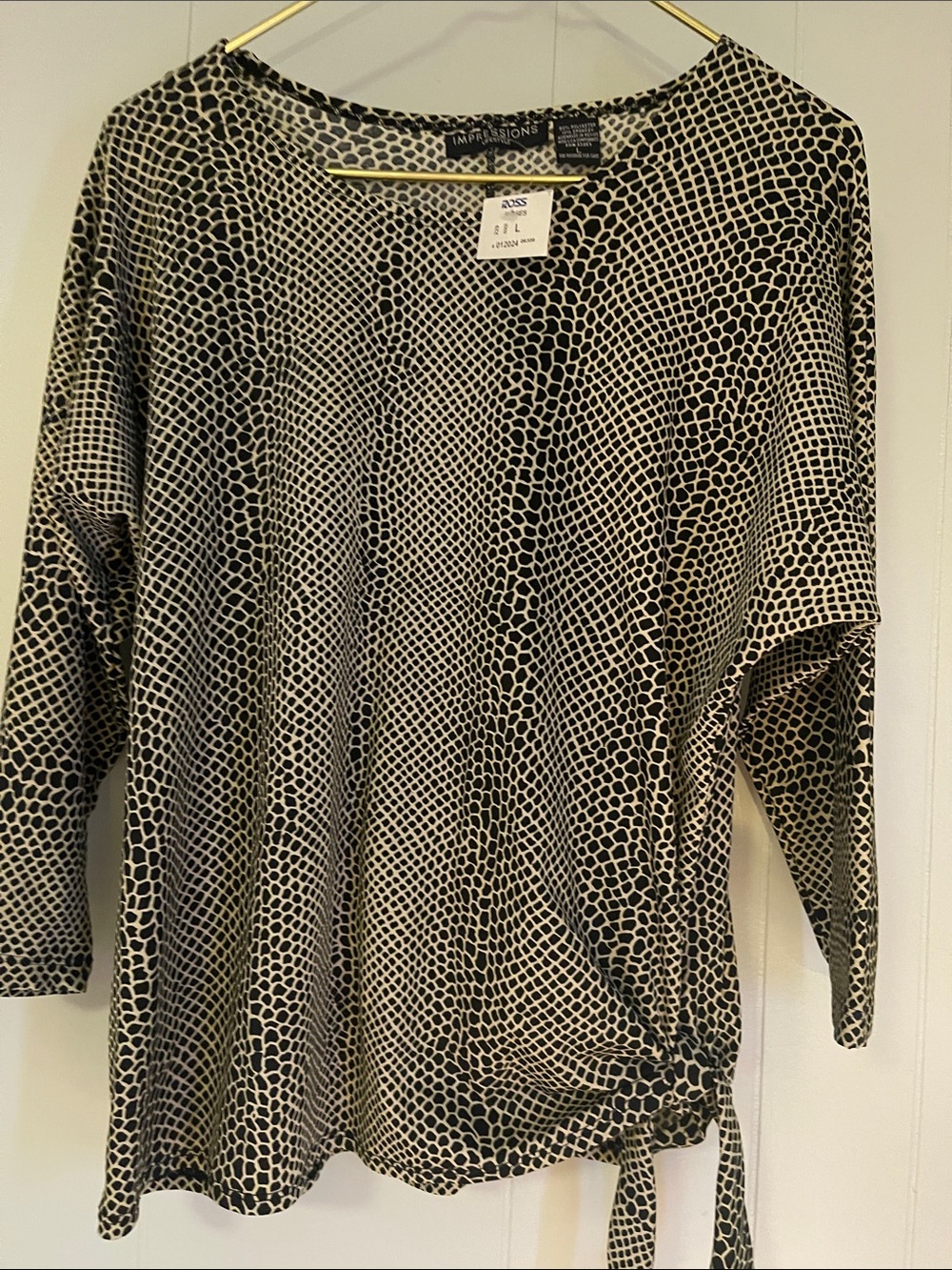 Impressions Black and Cream Textured Dot Tie-Hem Blouse